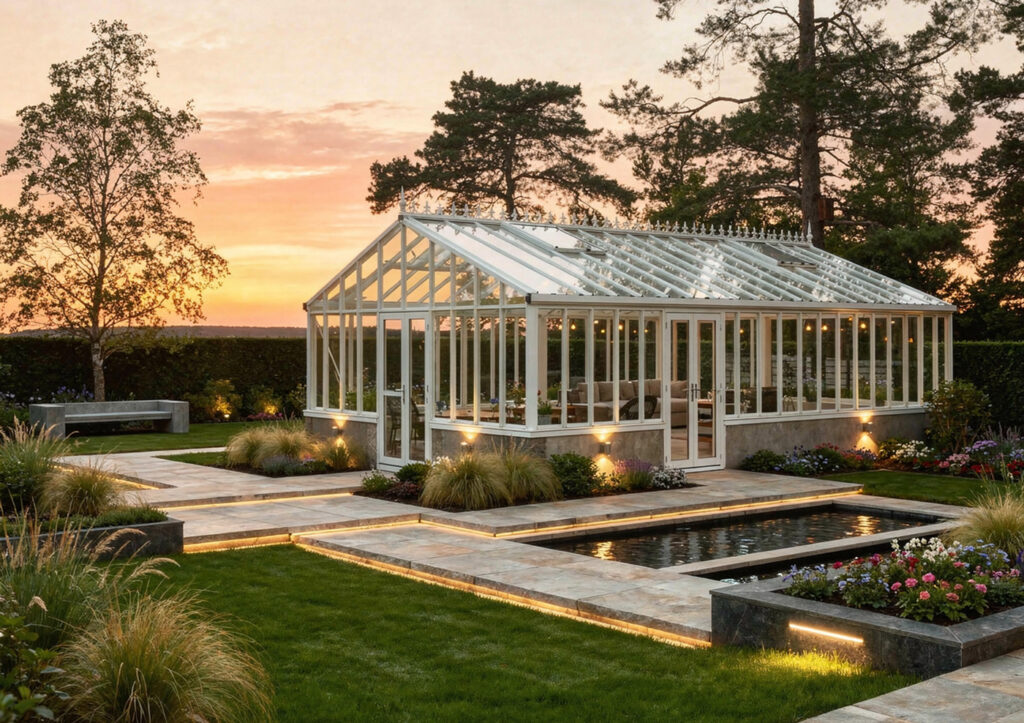 Gewächshaus / Orangerie im Abendlicht. Ringsum ist der Garten beleuchtet.