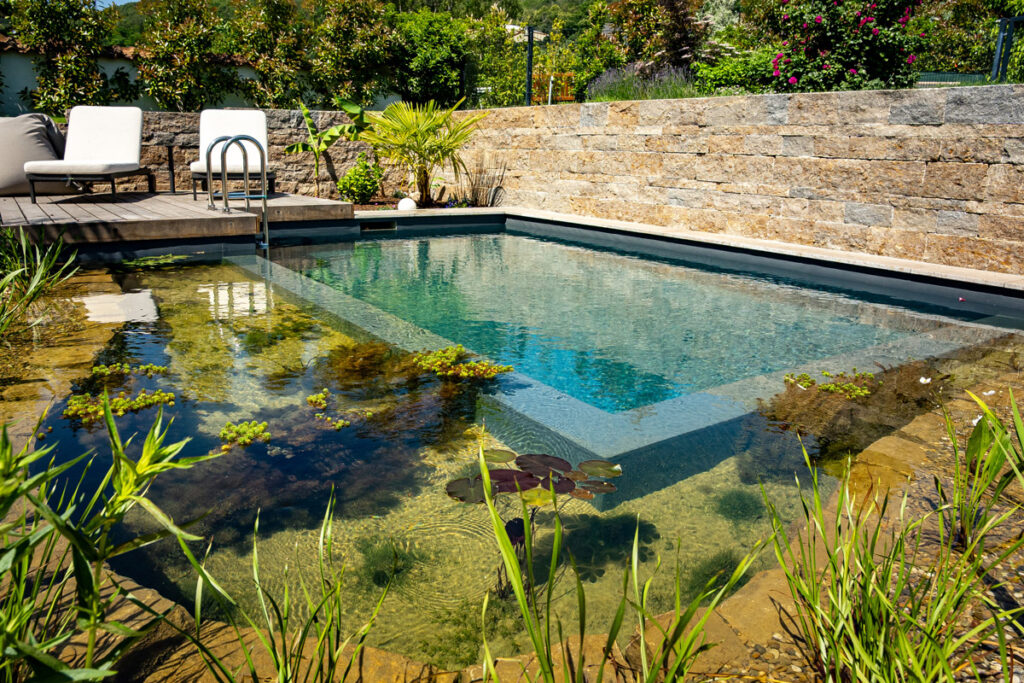 Naturpool mit üppiger bepflanzung und kebony holzdeck